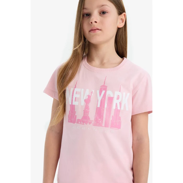 Defacto E0349A8PN47 Pembe Bisiklet Yaka Baskılı Kısa Kollu Tişört Kız Çocuk