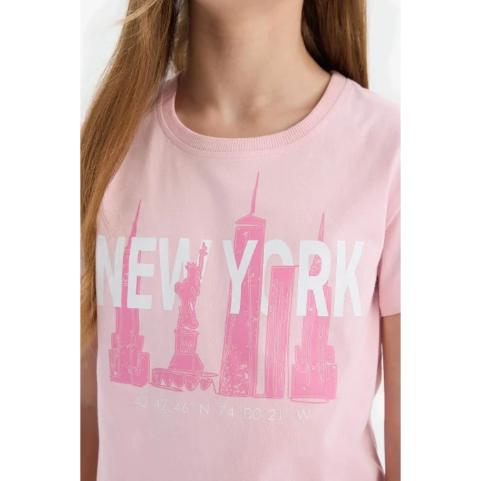 Defacto E0349A8PN47 Pembe Bisiklet Yaka Baskılı Kısa Kollu Tişört Kız Çocuk