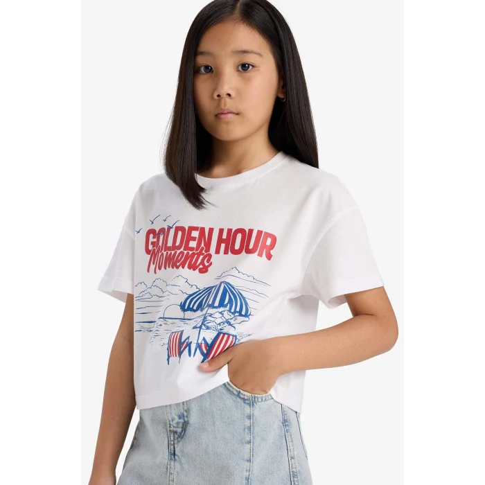 Defacto E0391A8WT34 Beyaz Boxy Fit Bisiklet Yaka Baskılı Kısa Kollu Tişört Kız Çocuk