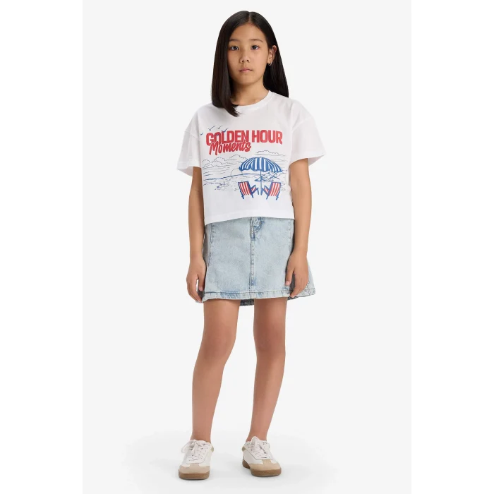 Defacto E0391A8WT34 Beyaz Boxy Fit Bisiklet Yaka Baskılı Kısa Kollu Tişört Kız Çocuk