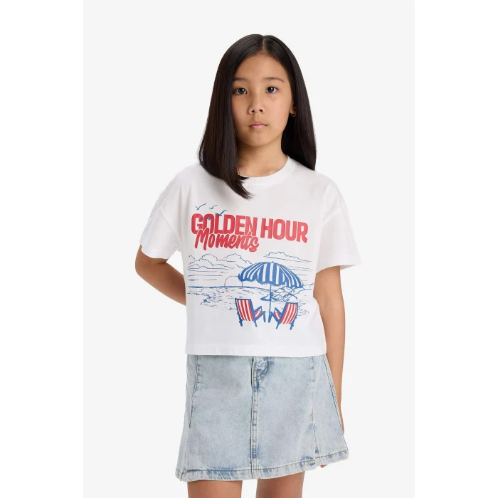 Defacto E0391A8WT34 Beyaz Boxy Fit Bisiklet Yaka Baskılı Kısa Kollu Tişört Kız Çocuk