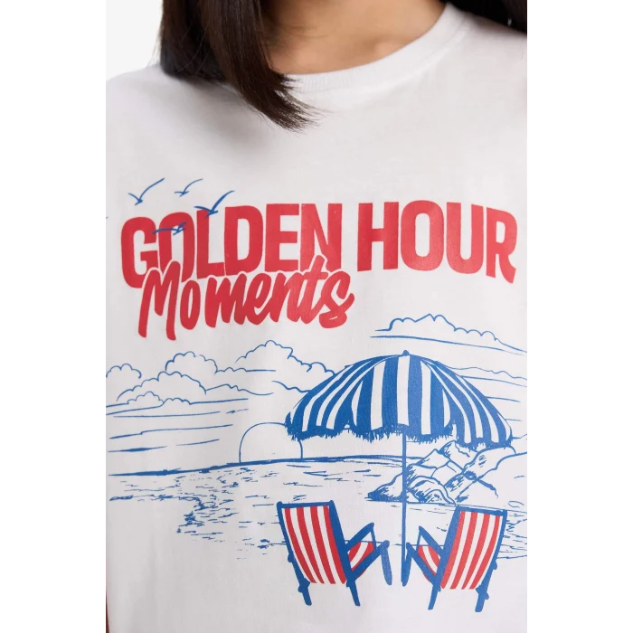 Defacto E0391A8WT34 Beyaz Boxy Fit Bisiklet Yaka Baskılı Kısa Kollu Tişört Kız Çocuk