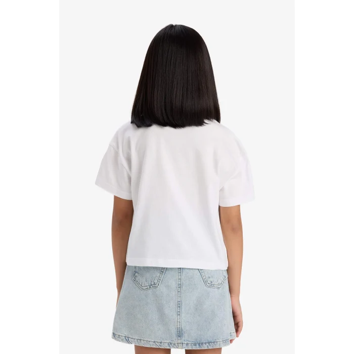 Defacto E0391A8WT34 Beyaz Boxy Fit Bisiklet Yaka Baskılı Kısa Kollu Tişört Kız Çocuk