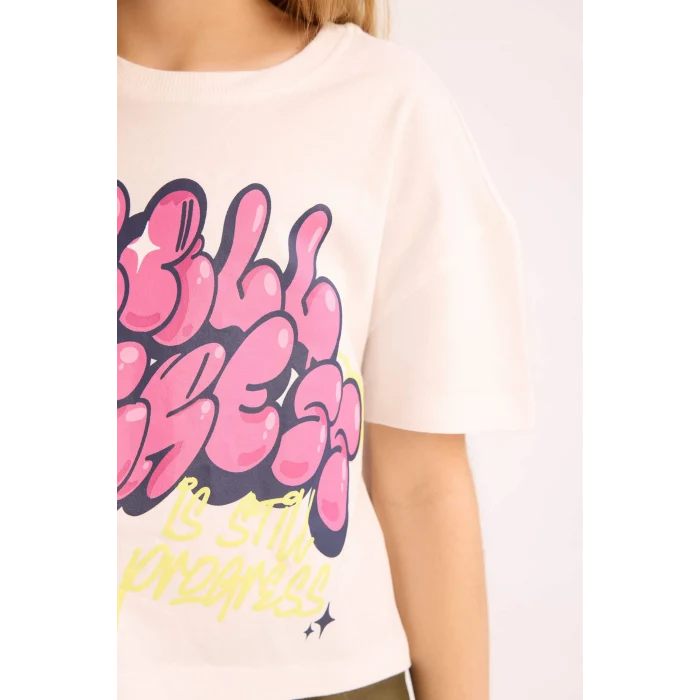 Defacto E0358A8WT34 Beyaz Boxy Fit Bisiklet Yaka Baskılı Kısa Kollu Tişört Kız Çocuk