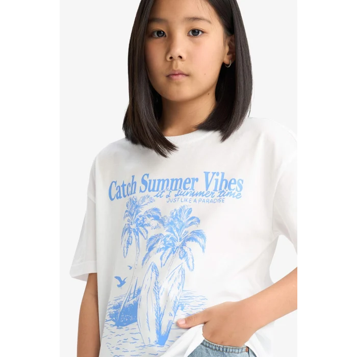 Defacto E0390A8WT34 Beyaz Relax Fit Palmiye Baskılı Bisiklet Yaka Kısa Kollu Tişört Kız Çocuk