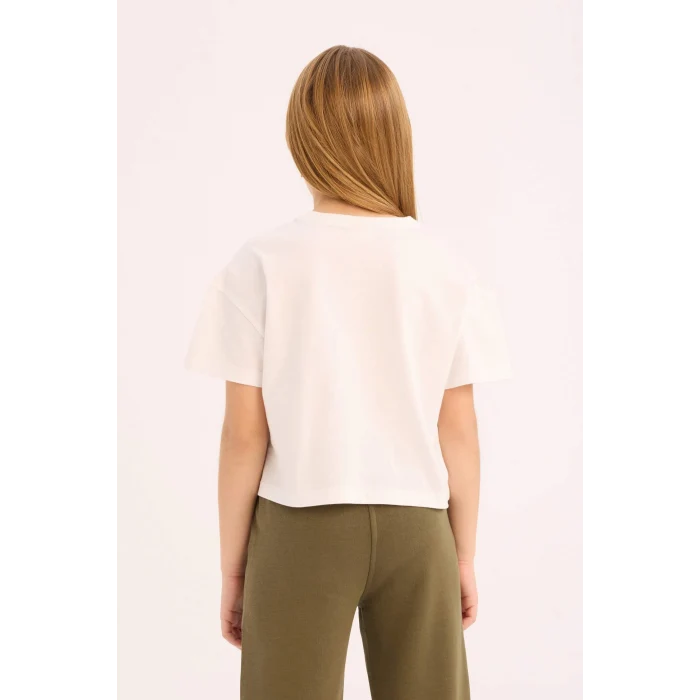 Defacto E0358A8WT34 Beyaz Boxy Fit Bisiklet Yaka Baskılı Kısa Kollu Tişört Kız Çocuk