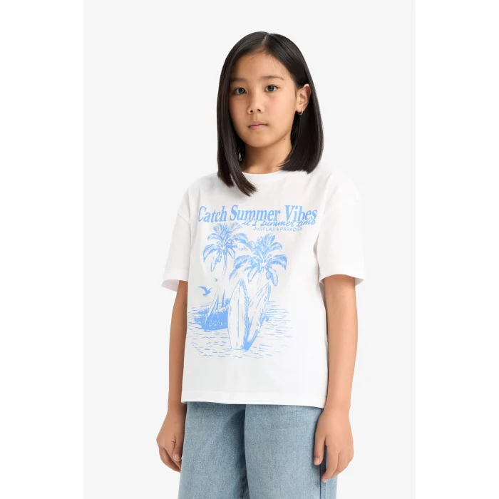 Defacto E0390A8WT34 Beyaz Relax Fit Palmiye Baskılı Bisiklet Yaka Kısa Kollu Tişört Kız Çocuk