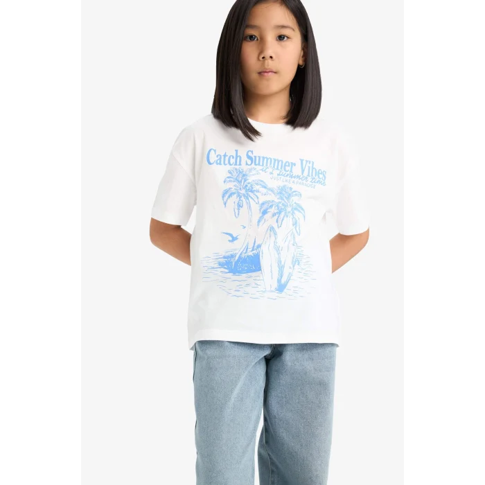 Defacto E0390A8WT34 Beyaz Relax Fit Palmiye Baskılı Bisiklet Yaka Kısa Kollu Tişört Kız Çocuk