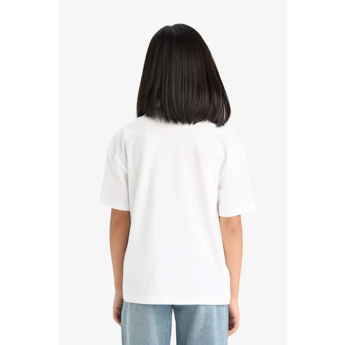 Defacto E0390A8WT34 Beyaz Relax Fit Palmiye Baskılı Bisiklet Yaka Kısa Kollu Tişört Kız Çocuk