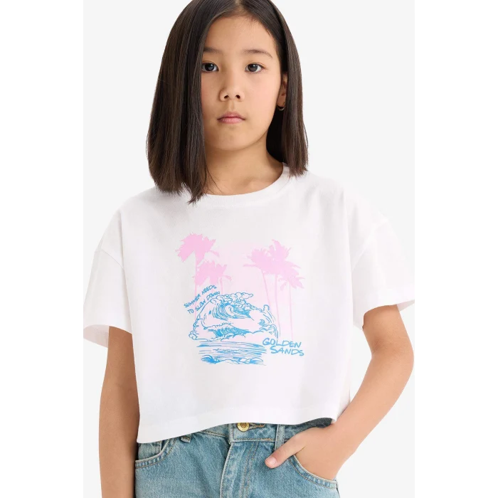 Defacto E0384A8WT34 Beyaz Bisiklet Yaka Baskılı Kısa Kollu Tişört Kız Çocuk