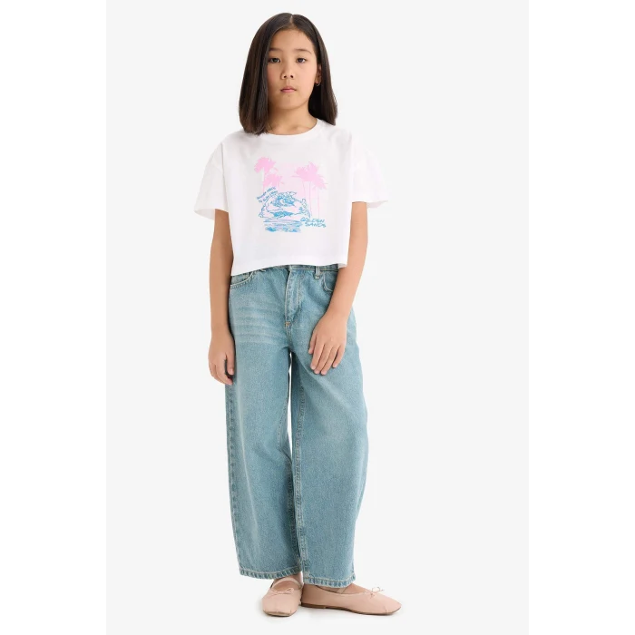 Defacto E0384A8WT34 Beyaz Bisiklet Yaka Baskılı Kısa Kollu Tişört Kız Çocuk