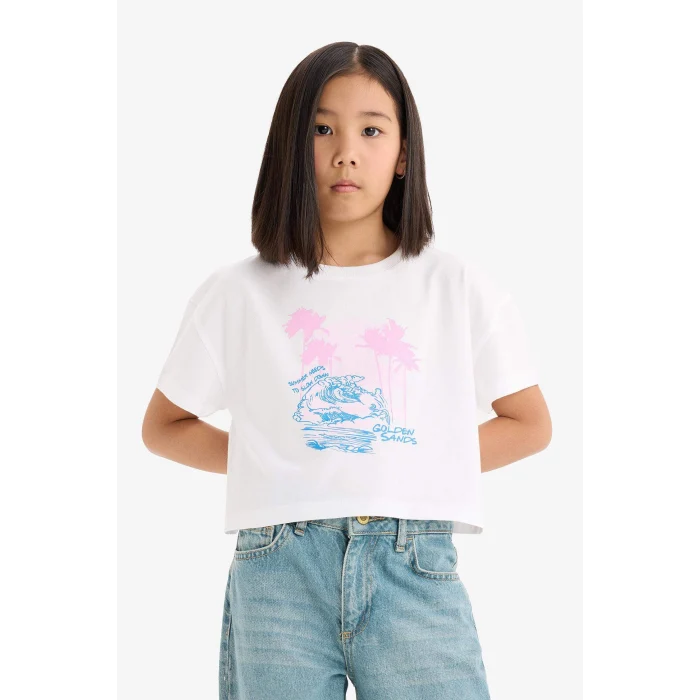 Defacto E0384A8WT34 Beyaz Bisiklet Yaka Baskılı Kısa Kollu Tişört Kız Çocuk