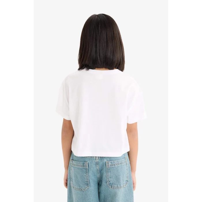 Defacto E0384A8WT34 Beyaz Bisiklet Yaka Baskılı Kısa Kollu Tişört Kız Çocuk