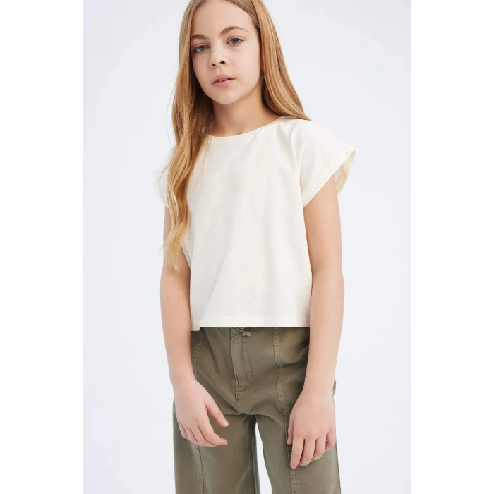Defacto C4511A8ER99 Ekru Boxy Fit Bisiklet Yaka Basic Düz Kısa Kollu Tişört Kız Çocuk