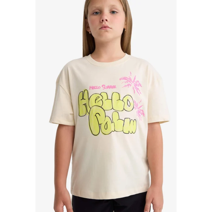 Defacto E0389A8ER42 Ekru Relax Fit Baskılı Bisiklet Yaka Kısa Kollu Tişört Kız Çocuk