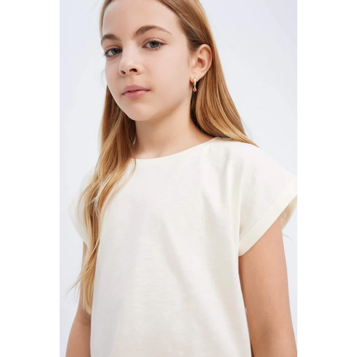 Defacto C4511A8ER99 Ekru Boxy Fit Bisiklet Yaka Basic Düz Kısa Kollu Tişört Kız Çocuk