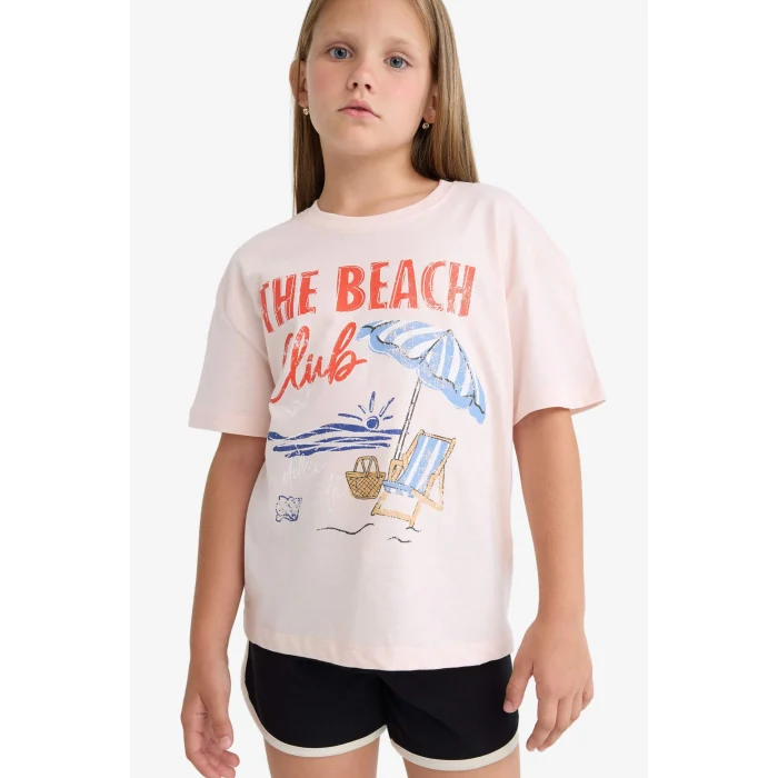 Defacto E0389A8PN447 Pembe Relax Fit Palmiye Baskılı Bisiklet Yaka Kısa Kollu Tişört Kız Çocuk