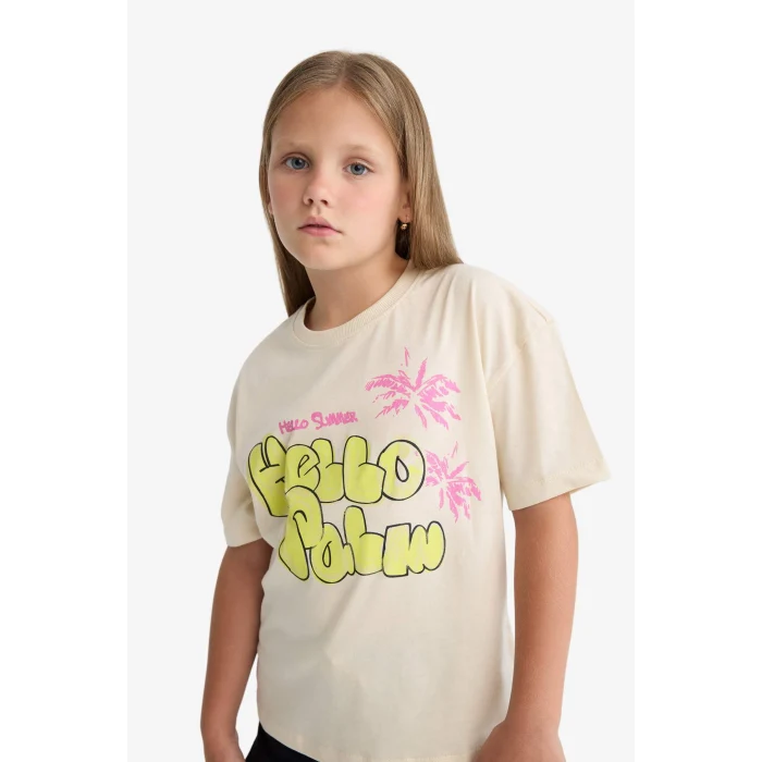 Defacto E0389A8ER42 Ekru Relax Fit Baskılı Bisiklet Yaka Kısa Kollu Tişört Kız Çocuk