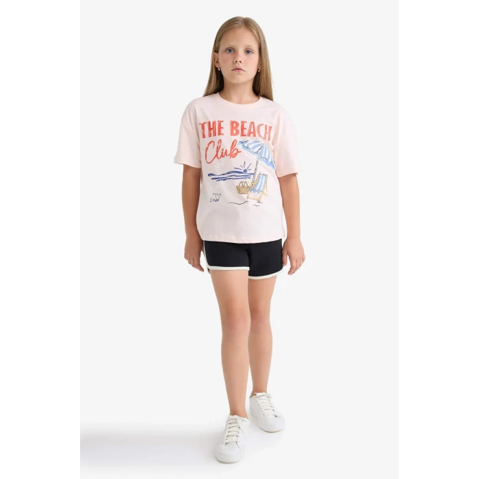 Defacto E0389A8PN447 Pembe Relax Fit Palmiye Baskılı Bisiklet Yaka Kısa Kollu Tişört Kız Çocuk