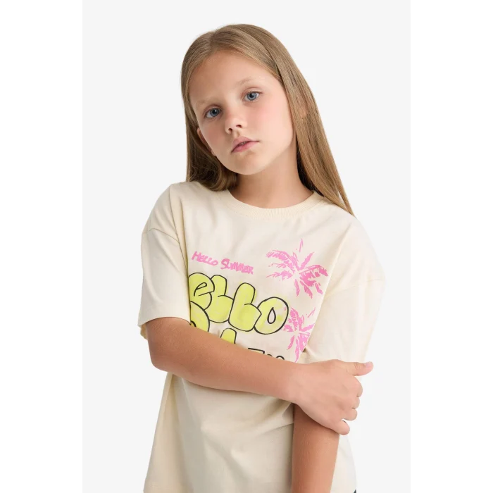Defacto E0389A8ER42 Ekru Relax Fit Baskılı Bisiklet Yaka Kısa Kollu Tişört Kız Çocuk