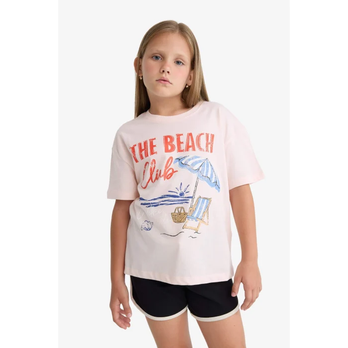 Defacto E0389A8PN447 Pembe Relax Fit Palmiye Baskılı Bisiklet Yaka Kısa Kollu Tişört Kız Çocuk