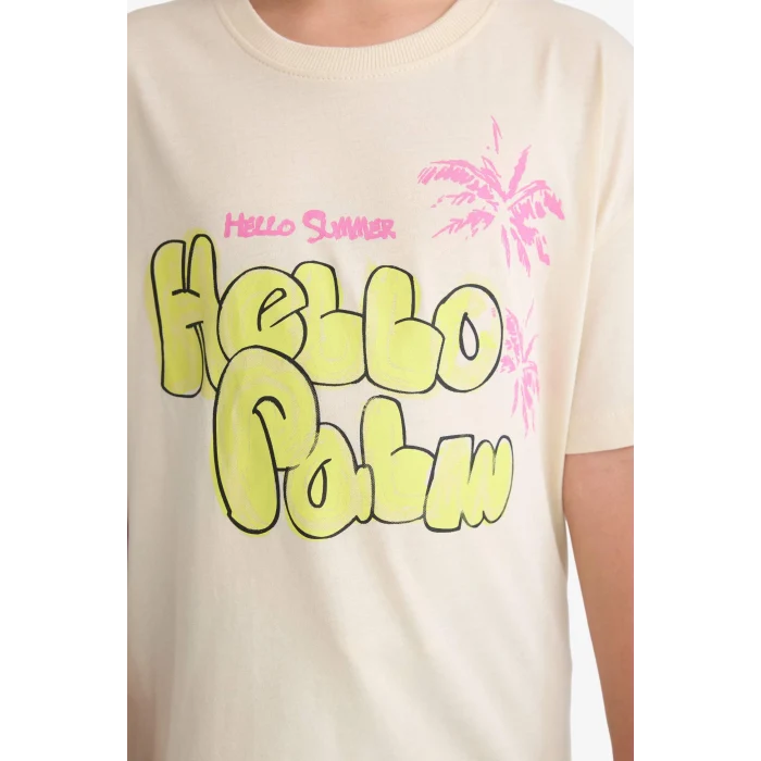 Defacto E0389A8ER42 Ekru Relax Fit Baskılı Bisiklet Yaka Kısa Kollu Tişört Kız Çocuk