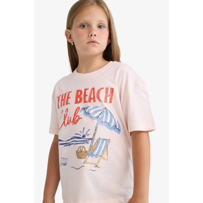 Defacto E0389A8PN447 Pembe Relax Fit Palmiye Baskılı Bisiklet Yaka Kısa Kollu Tişört Kız Çocuk