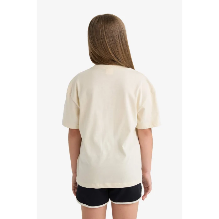 Defacto E0389A8ER42 Ekru Relax Fit Baskılı Bisiklet Yaka Kısa Kollu Tişört Kız Çocuk