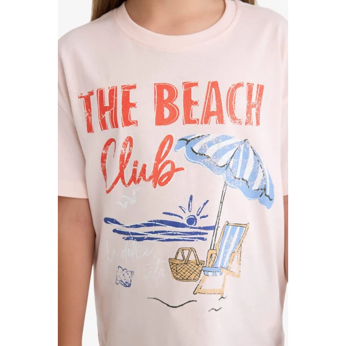 Defacto E0389A8PN447 Pembe Relax Fit Palmiye Baskılı Bisiklet Yaka Kısa Kollu Tişört Kız Çocuk