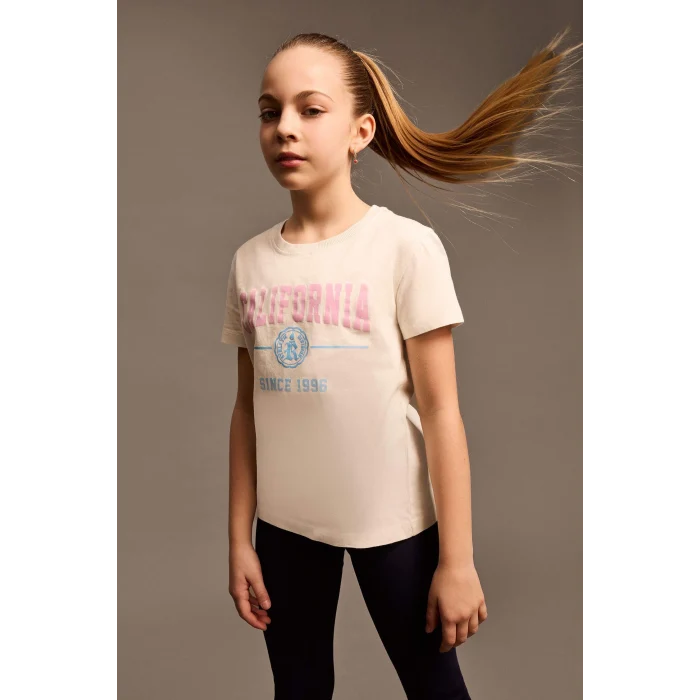 Defacto D8541A8ER85 Ekru Bisiklet Yaka Baskılı Kısa Kollu Tişört Kız Çocuk