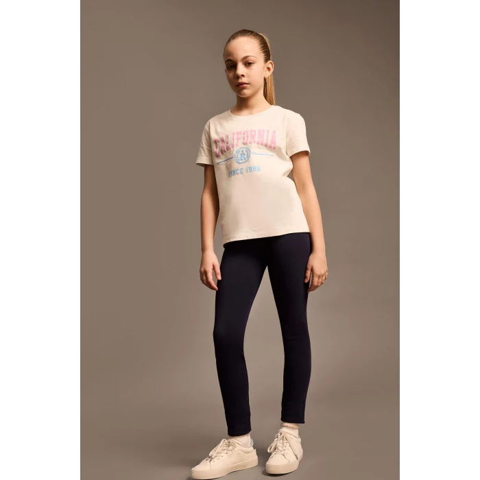 Defacto D8541A8ER85 Ekru Bisiklet Yaka Baskılı Kısa Kollu Tişört Kız Çocuk