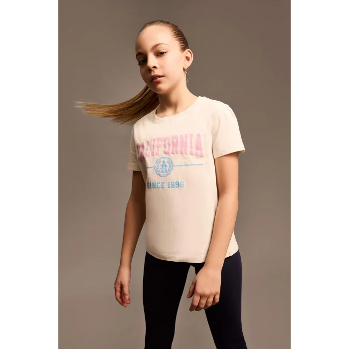 Defacto D8541A8ER85 Ekru Bisiklet Yaka Baskılı Kısa Kollu Tişört Kız Çocuk