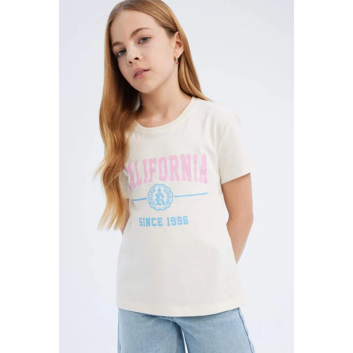 Defacto D8541A8ER85 Ekru Bisiklet Yaka Baskılı Kısa Kollu Tişört Kız Çocuk