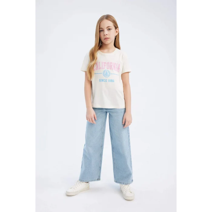 Defacto D8541A8ER85 Ekru Bisiklet Yaka Baskılı Kısa Kollu Tişört Kız Çocuk