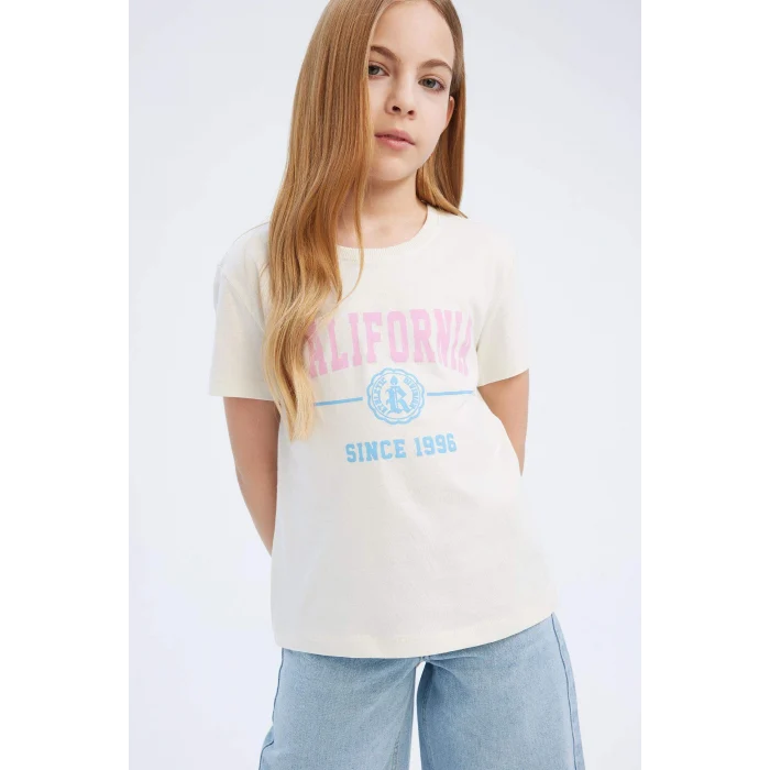 Defacto D8541A8ER85 Ekru Bisiklet Yaka Baskılı Kısa Kollu Tişört Kız Çocuk