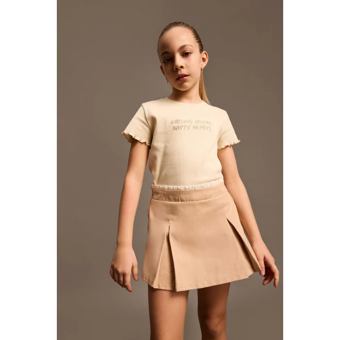 Defacto B6689A8ER42 Ekru Slim Fit Dar Kesim Bisiklet Yaka Baskılı Fitilli Kaşkorse Kısa Kollu Tişört Kız Çocuk