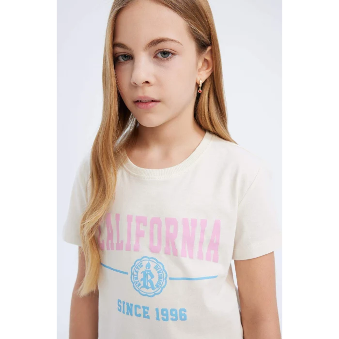 Defacto D8541A8ER85 Ekru Bisiklet Yaka Baskılı Kısa Kollu Tişört Kız Çocuk