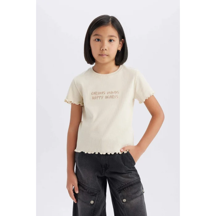 Defacto B6689A8ER42 Ekru Slim Fit Dar Kesim Bisiklet Yaka Baskılı Fitilli Kaşkorse Kısa Kollu Tişört Kız Çocuk