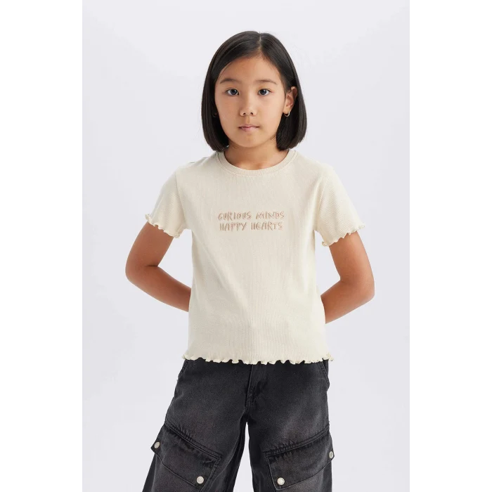 Defacto B6689A8ER42 Ekru Slim Fit Dar Kesim Bisiklet Yaka Baskılı Fitilli Kaşkorse Kısa Kollu Tişört Kız Çocuk