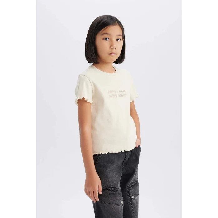Defacto B6689A8ER42 Ekru Slim Fit Dar Kesim Bisiklet Yaka Baskılı Fitilli Kaşkorse Kısa Kollu Tişört Kız Çocuk