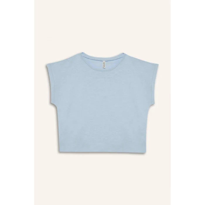 Defacto C4511A8BE343 Mavi Boxy Fit Bisiklet Yaka Basic Düz Kısa Kollu Tişört Kız Çocuk