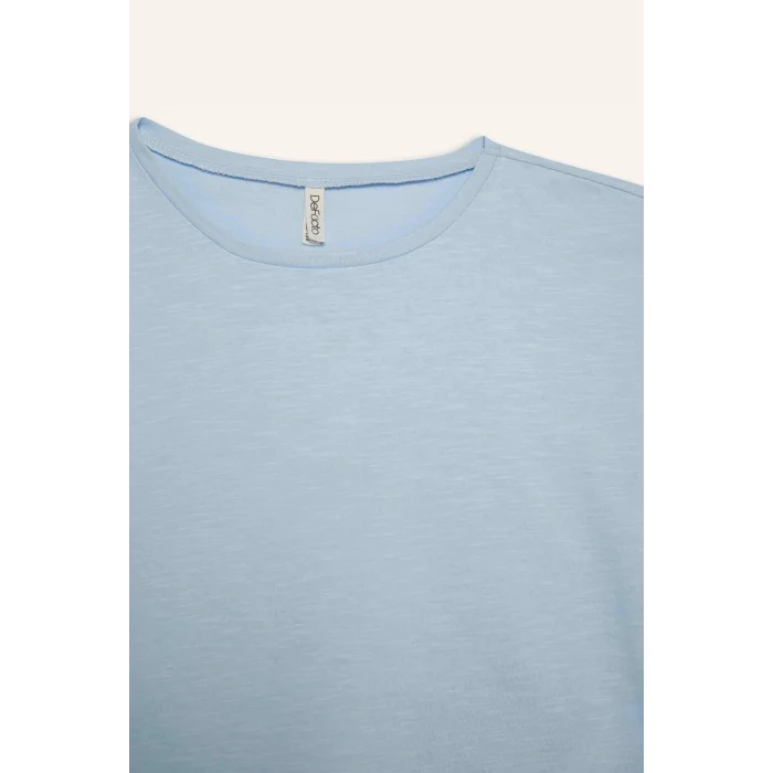 Defacto C4511A8BE343 Mavi Boxy Fit Bisiklet Yaka Basic Düz Kısa Kollu Tişört Kız Çocuk