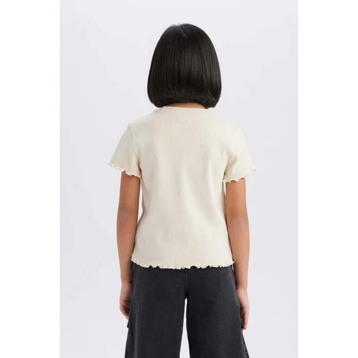 Defacto B6689A8ER42 Ekru Slim Fit Dar Kesim Bisiklet Yaka Baskılı Fitilli Kaşkorse Kısa Kollu Tişört Kız Çocuk