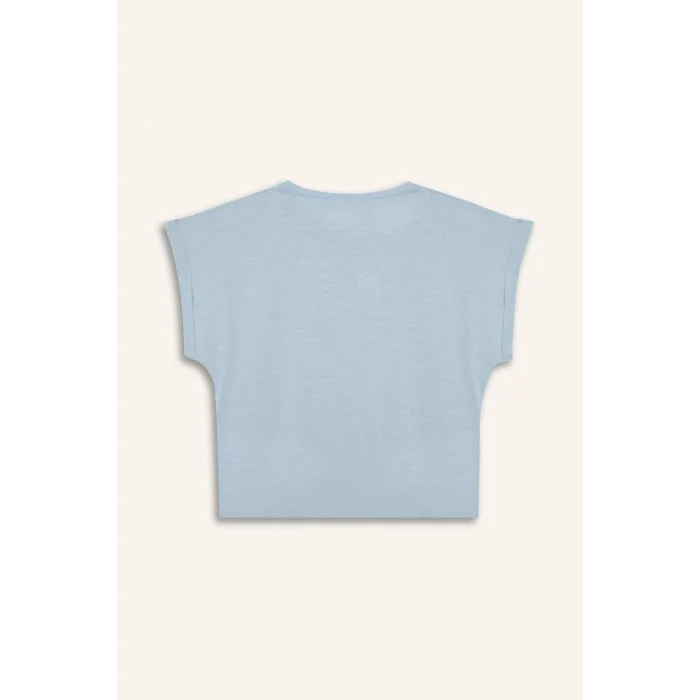 Defacto C4511A8BE343 Mavi Boxy Fit Bisiklet Yaka Basic Düz Kısa Kollu Tişört Kız Çocuk