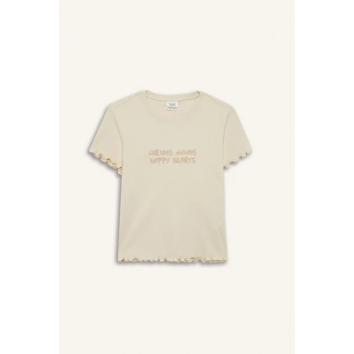 Defacto B6689A8ER42 Ekru Slim Fit Dar Kesim Bisiklet Yaka Baskılı Fitilli Kaşkorse Kısa Kollu Tişört Kız Çocuk