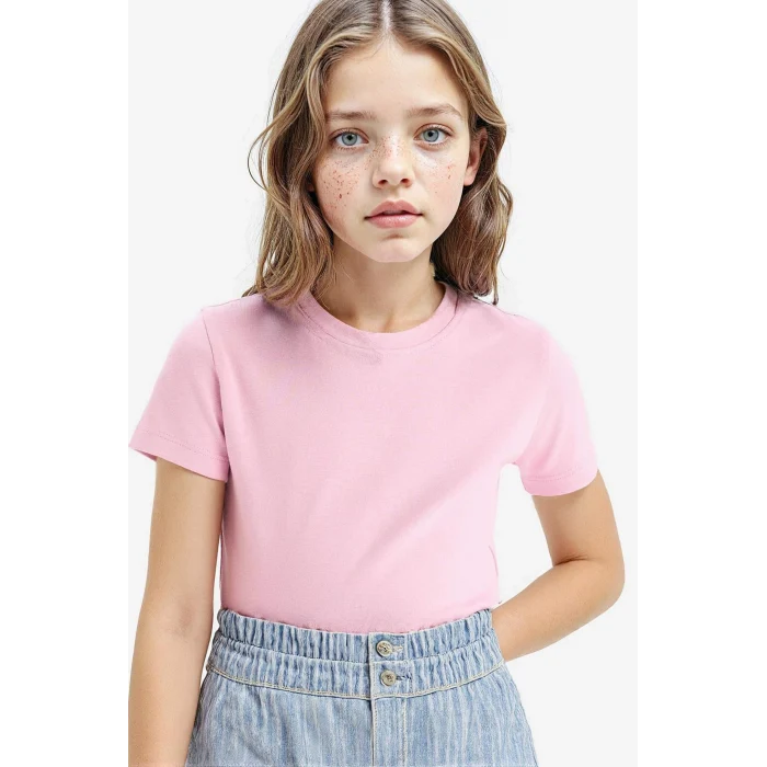 Defacto B3054A8PN444 Pembe Slim Fit Dar Kesim Bisiklet Yaka Ribana Basic Düz Kısa Kollu Tişört Kız Çocuk