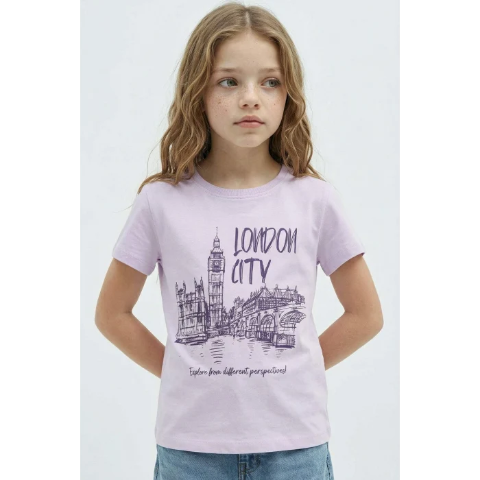 Defacto E0349A8PR143 Mor Bisiklet Yaka Baskılı Kısa Kollu Tişört Kız Çocuk