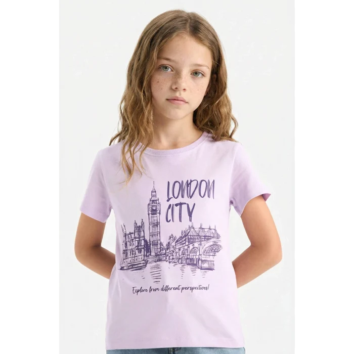 Defacto E0349A8PR143 Mor Bisiklet Yaka Baskılı Kısa Kollu Tişört Kız Çocuk