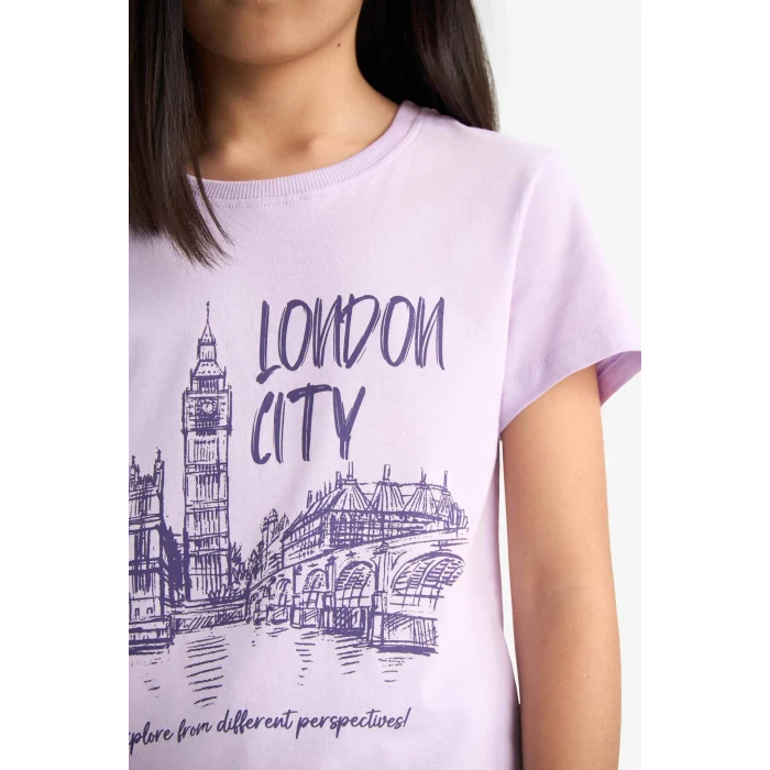 Defacto E0349A8PR143 Mor Bisiklet Yaka Baskılı Kısa Kollu Tişört Kız Çocuk