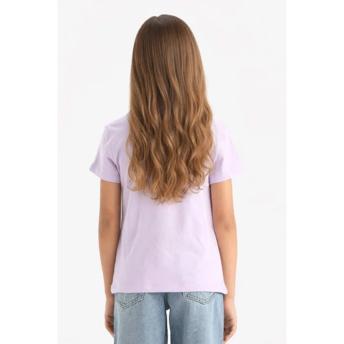 Defacto E0349A8PR143 Mor Bisiklet Yaka Baskılı Kısa Kollu Tişört Kız Çocuk